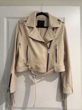 All Saints Cream Leather Moto Jacket with Fringe sz L US 10